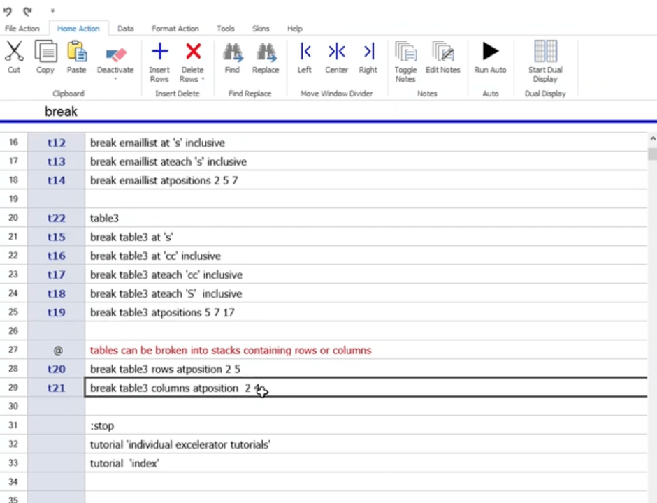 The image shows an analytical software interface with a data grid titled "break." It displays multiple commands for breaking tables into stacks by rows or columns. Key entries include: t12, t13, t14: Commands to break the "emaillist" table at specific characters ('s') or positions (2, 5, 7). t15 to t19: Commands to break "table3" by characters ('s', 'cc') or specific positions (5, 7, 17). t20 and t21: Commands for breaking "table3" into rows (positions 2 and 5) and columns (position 2). A red note in the middle reads: "Tables can be broken into stacks containing rows or columns." The toolbar at the top provides options like "Copy," "Paste," "Insert Rows," "Delete Rows," "Find Replace," and "Run Auto."